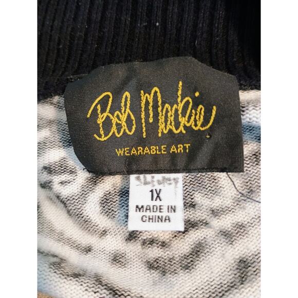 Bob Mackie Wearable Art Cotton Blend Black White Print Full Zip Sweater 1X - Picture 3 of 4